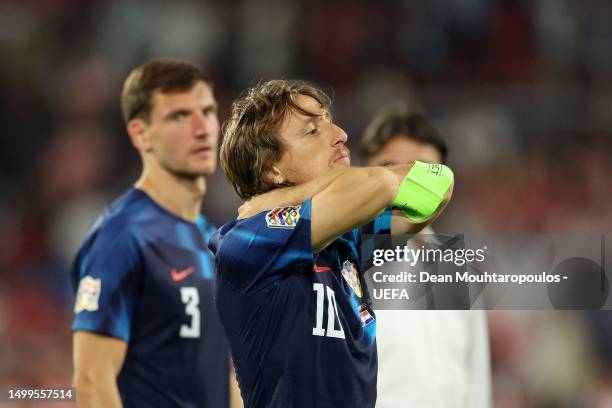 Luka Modric of Croatia looks dejected after the team's defeat in the penalty shoot out during the UEFA Nations League 2022/23 final match between...