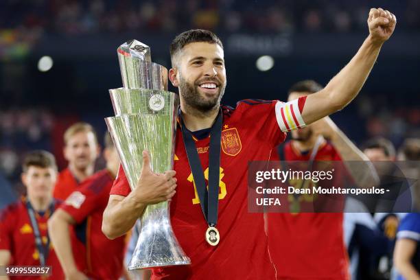 Jordi Alba of Spain celebrates with the UEFA Nations League trophy after the team's victory in the UEFA Nations League 2022/23 final match between...