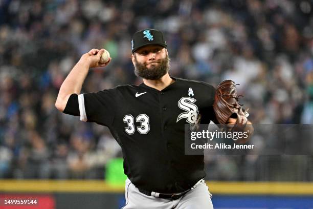 Lance Lynn of the Chicago White Sox throws a pitch during the sixth inning against the Seattle Mariners at T-Mobile Park on June 18, 2023 in Seattle,...