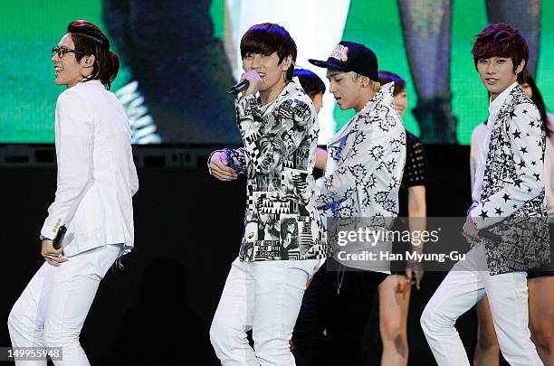 Members of South Korean boy band B1A4 perform onstage during the Samsung Galaxy SIII Stadium 'Idol Big Match' on August 7, 2012 in Seoul, South Korea.