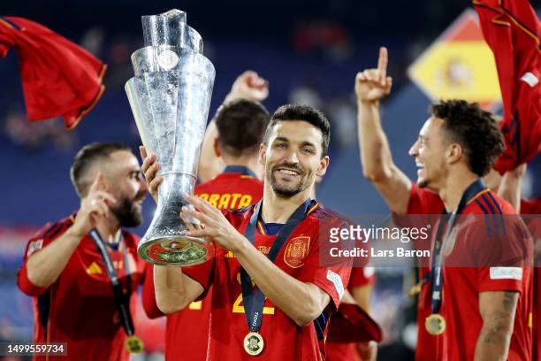 Jesus Navas of Spain poses for a photograph with the UEFA Nations League trophy after the team's victory in the UEFA Nations League 2022/23 final...