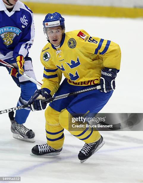 Filip Forsberg of Team Sweden skates against Team Finland at the USA hockey junior evaluation camp at the Lake Placid Olympic Center on August 7,...