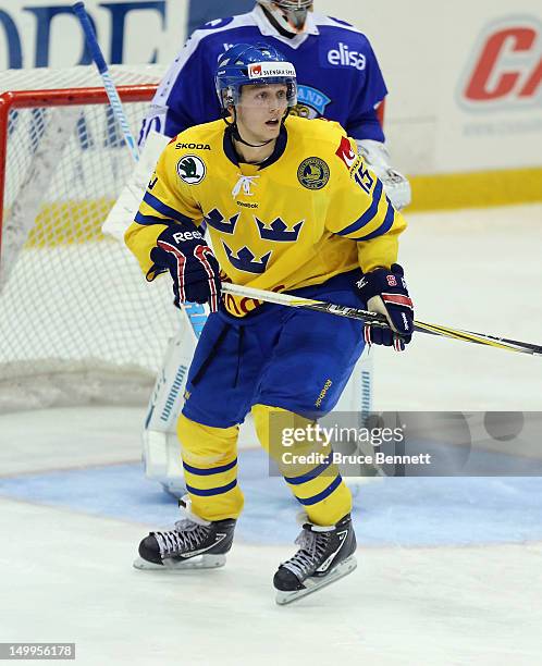 Emil Lundberg of Team Sweden skates against Team Finland at the USA hockey junior evaluation camp at the Lake Placid Olympic Center on August 7, 2012...