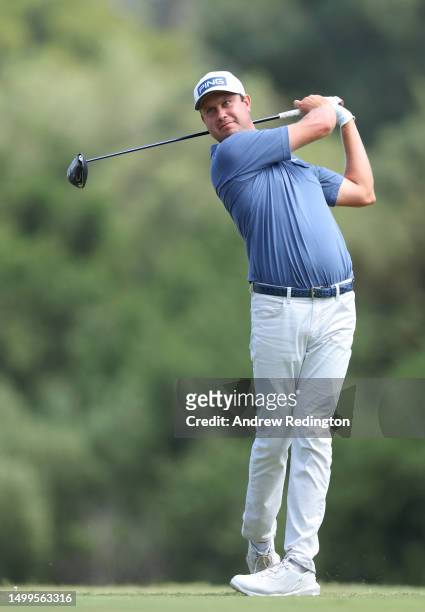 Harris English of the United States plays his shot from the fifth tee during the final round of the 123rd U.S. Open Championship at The Los Angeles...