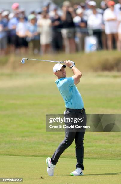 Rory McIlroy of Northern Ireland plays his second shot on the first hole during the final round of the 123rd U.S. Open Championship at The Los...