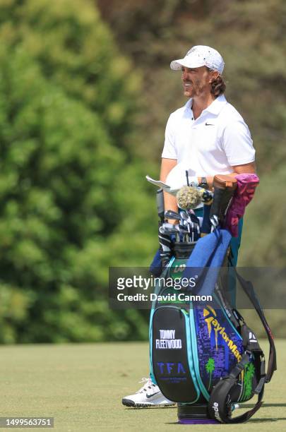 Tommy Fleetwood of England waits to play his tee shot on the 18th hole during the final round of the 123rd U.S. Open Championship at The Los Angeles...
