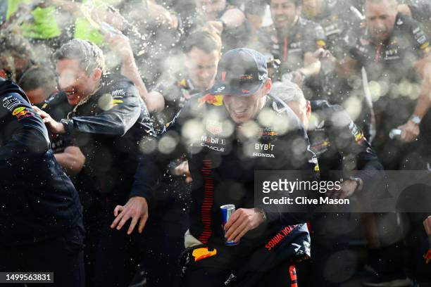 Race winner Max Verstappen of the Netherlands and Oracle Red Bull Racing celebrates with his team after the F1 Grand Prix of Canada at Circuit Gilles...