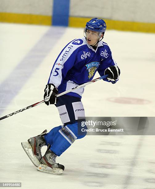 Rasmus Ristolainen of Team Finland skates against Team Sweden at the USA hockey junior evaluation camp at the Lake Placid Olympic Center on August 7,...