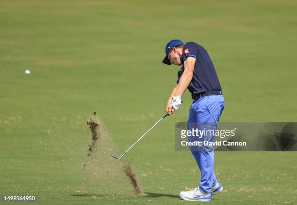 Matthew Fitzpatrick of England plays his second shot on the 10th hole during the final round of the 123rd U.S. Open Championship at The Los Angeles...