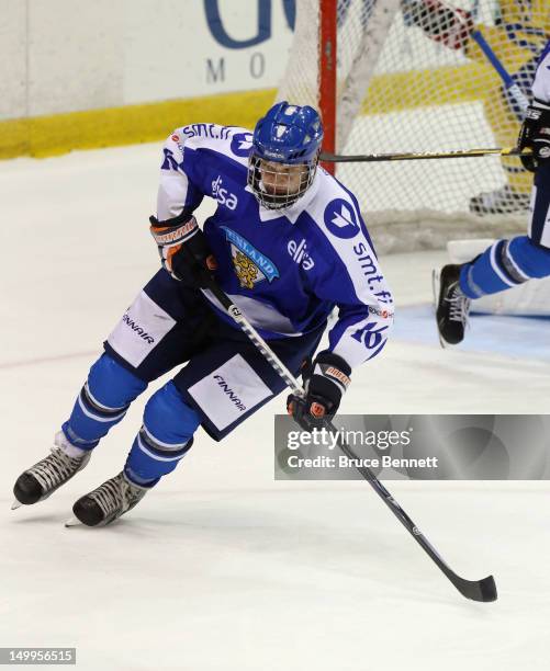 Aleksander Barkov of Team Finland skates against Team Sweden at the USA hockey junior evaluation camp at the Lake Placid Olympic Center on August 7,...