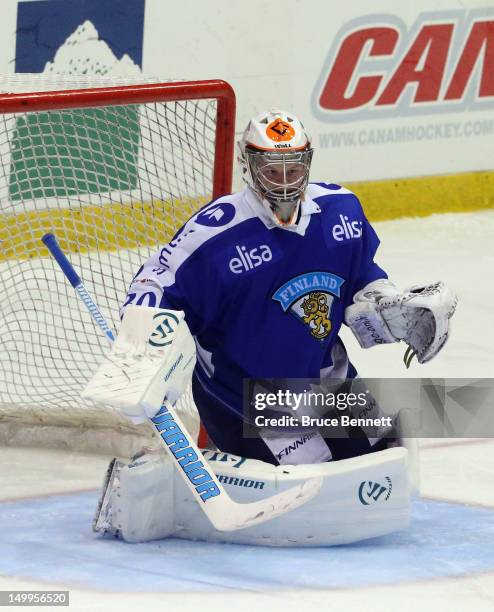 Janne Juvonen of Team Finland skates against Team Sweden at the USA hockey junior evaluation camp at the Lake Placid Olympic Center on August 7, 2012...