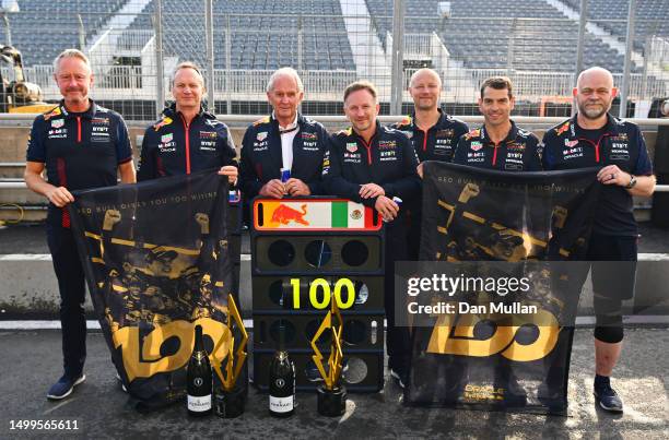 The seven team members of the Red Bull Racing team that have been present for all 100 race wins, Red Bull Racing Team Manager Jonathan Wheatley, Red...