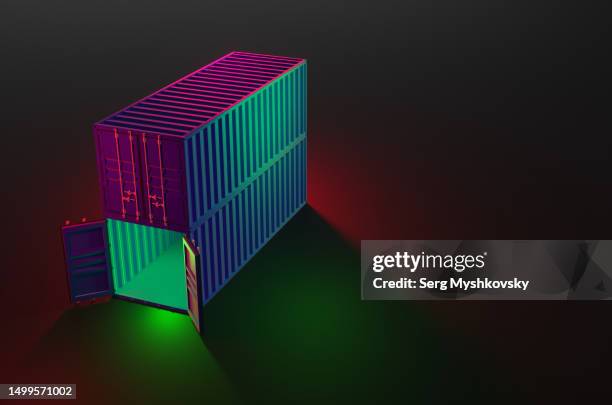 two shipping containers with open doors in neon light on a black background. - open shipping container stock pictures, royalty-free photos & images