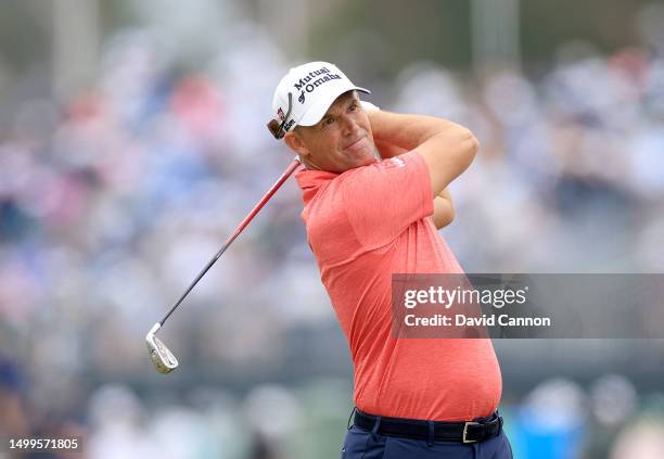 Padraig Harrington of Ireland plays his second shot on the first hole during the final round of the 123rd U.S. Open Championship at The Los Angeles...