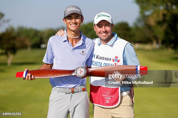 Ricky Castillo of the United States celebrates with the trophy after winning the Blue Cross and Blue Shield of Kansas Wichita Open at Crestview...