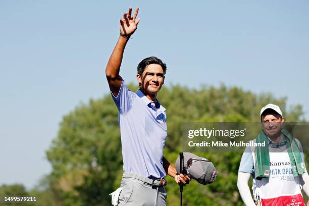 Ricky Castillo of the United States reacts after winning the Blue Cross and Blue Shield of Kansas Wichita Open at Crestview Country Club on June 18,...