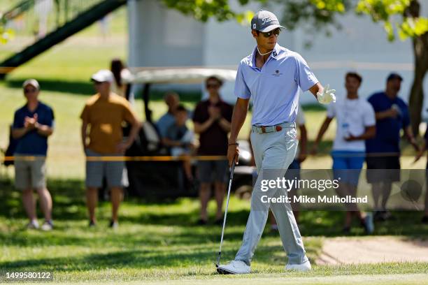 Ricky Castillo of the United States reacts to a chip shot on the 12th hole during the final round of the Blue Cross and Blue Shield of Kansas Wichita...