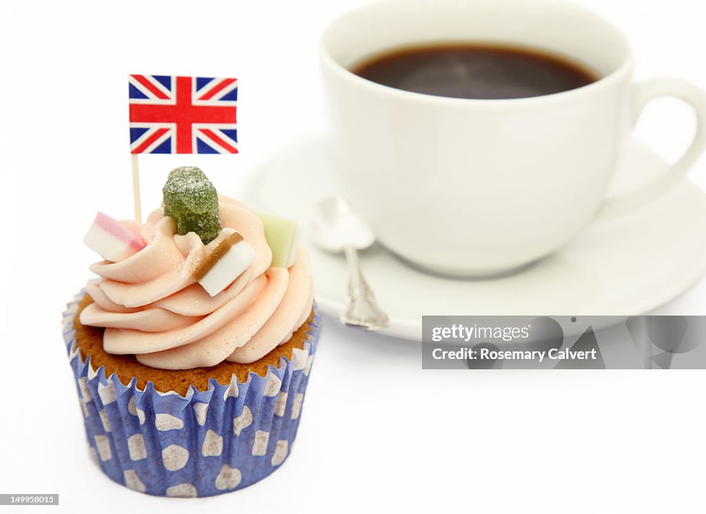 British celebratory cup cake and a cup of coffee