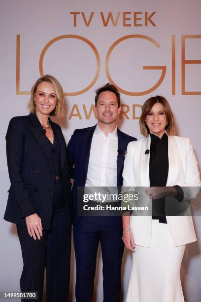 Sylvia Jeffreys, Tristan MacManus and Kylie Gillies attend the TV WEEK Logie Awards Nominations Event on June 19, 2023 in Sydney, Australia.