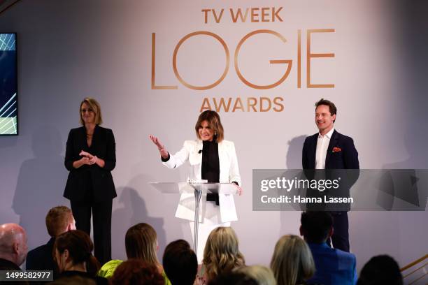 Sylvia Jeffreys, Tristan MacManus and Kylie Gillies speak during the TV WEEK Logie Awards Nominations Event on June 19, 2023 in Sydney, Australia.