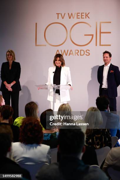 Sylvia Jeffreys, Tristan MacManus and Kylie Gillies speak during the TV WEEK Logie Awards Nominations Event on June 19, 2023 in Sydney, Australia.