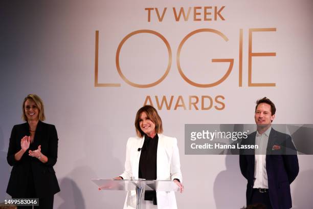 Sylvia Jeffreys, Tristan MacManus and Kylie Gillies speak during the TV WEEK Logie Awards Nominations Event on June 19, 2023 in Sydney, Australia.