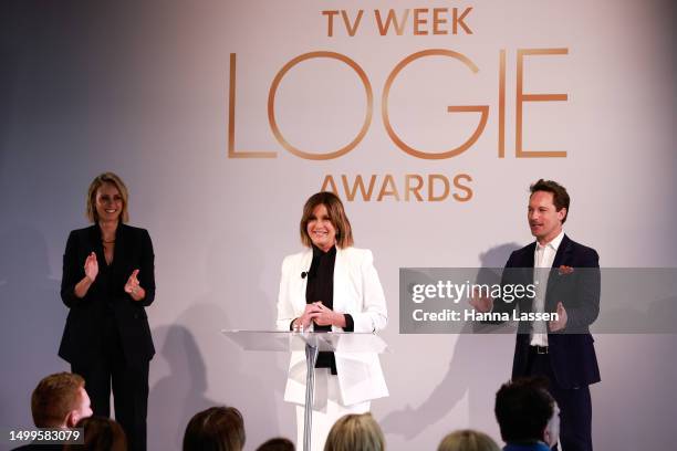 Sylvia Jeffreys, Tristan MacManus and Kylie Gillies speak during the TV WEEK Logie Awards Nominations Event on June 19, 2023 in Sydney, Australia.