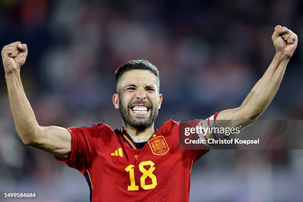 Jordi Alba of Spain celebrates winning the UEFA Nations League 2022/23 final match between Croatia and Spain at De Kuip on June 18, 2023 in...