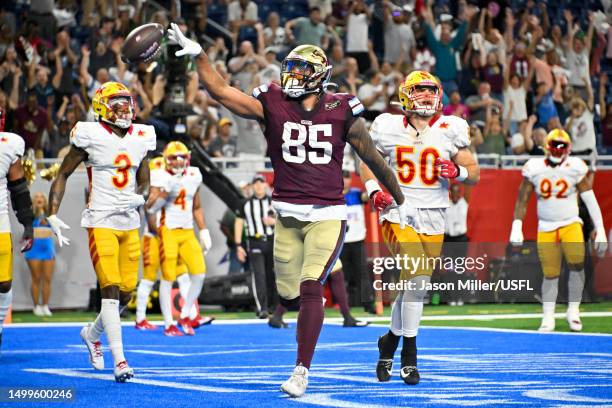 Marcus Baugh of the Michigan Panthers celebrates after a successful two point conversion against the Philadelphia Stars during the fourth quarter at...