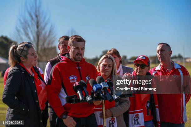 Dylan Nixon, president of the Singleton Roosters Committee speaks to media following the deadly Hunter Valley bus crash on June 19, 2023 in...