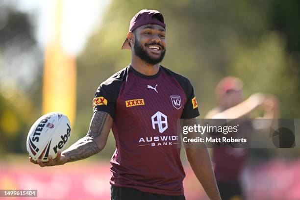Hamiso Tabuai-Fidow smiles during a Queensland Maroons State of Origin training session at Sanctuary Cove on June 19, 2023 in Gold Coast, Australia.