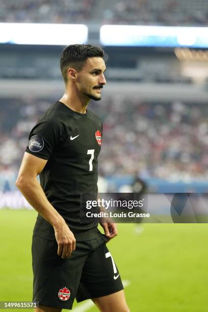 Stephen Eustaquio of Canada in the first half against USA during the 2023 CONCACAF Nations League Final at Allegiant Stadium on June 18, 2023 in Las...