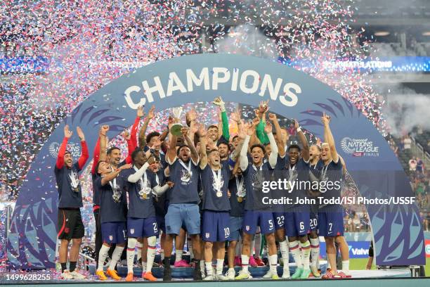 United States players celebrate winning the Concacaf Nations League tournament during the 2023 CONCACAF Nations League Final at Allegiant Stadium on...