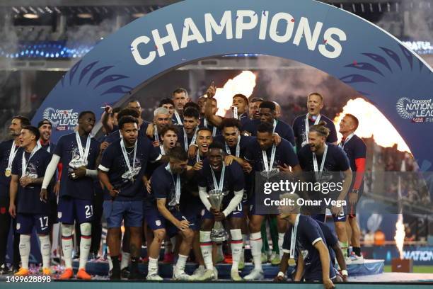 Folarin Balogun takes the trophy after winning the CONCACAF Nations League Championship Final between United States and Canada at Allegiant Stadium...