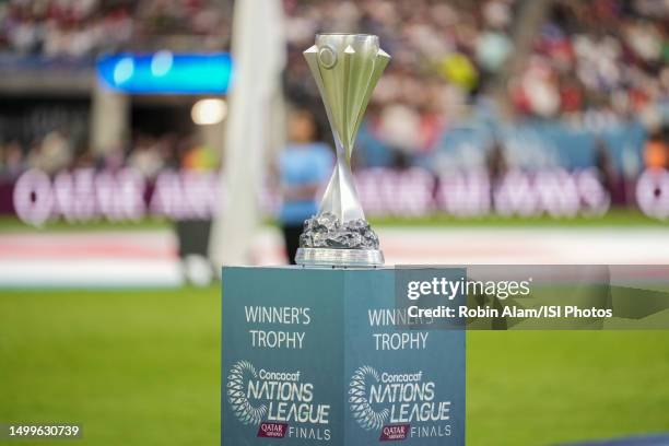 Nations League Cup winner's trophy stands during the CONCACAF Nations League Final game between United States and Canada at Allegiant Stadium on June...