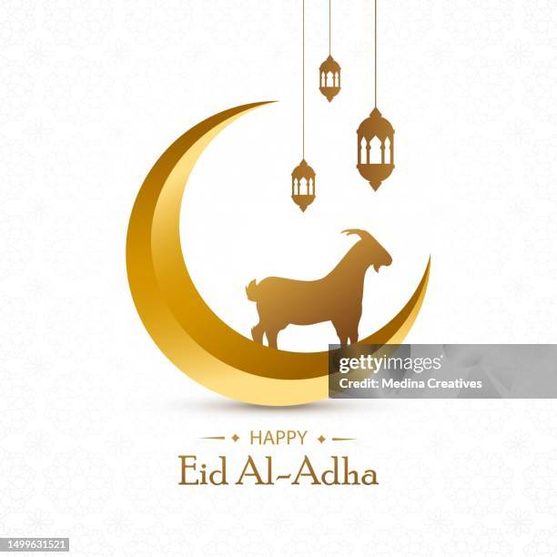 eid al adha mubarak mit mondsichel, ziege und laternen als hintergrund. - eid stock-grafiken, -clipart, -cartoons und -symbole