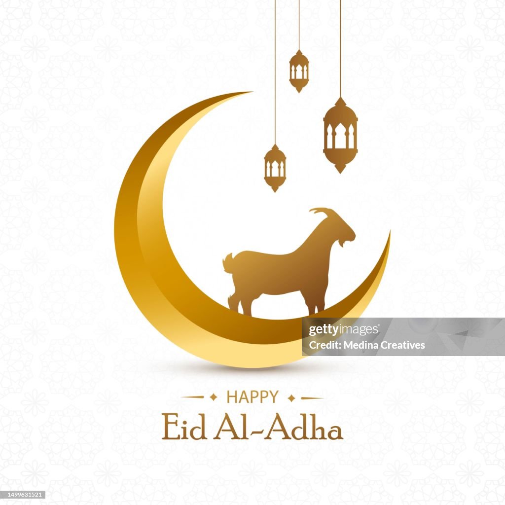 Eid Al Adha Mubarak with Crescent Moon, Goat and Lanterns as Background.