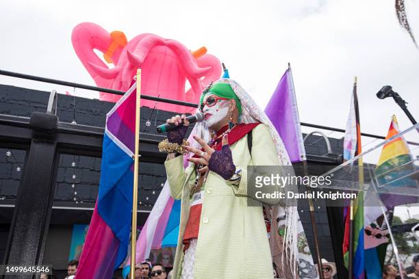 Sister Amanda Reckinwith of the Sisters of Perpetual Indulgence speaks on stage at the Drag March for Trans Rights at Rich's on June 18, 2023 in San...