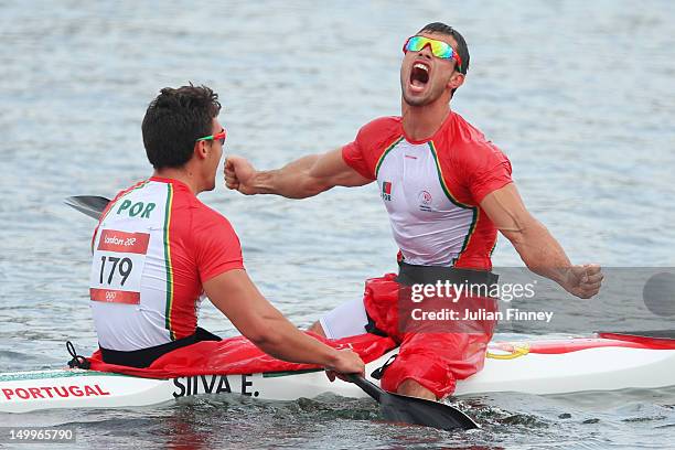 Emanuel Silva and Fernando Pimenta of Portugal celebrate during the Men's Kayak Double 1000m Canoe Sprint Finals on Day 12 of the London 2012 Olympic...