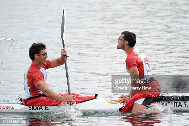 Emanuel Silva and Fernando Pimenta of Portugal celebrate during the Men's Kayak Double 1000m Canoe Sprint Finals on Day 12 of the London 2012 Olympic...