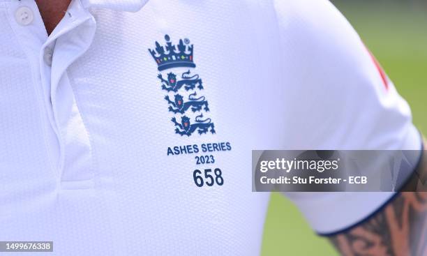 Detail shot of the England badge and Test Cap number on the shirt of Ben Stokes during day three of the LV= Insurance Ashes 1st Test Match between...