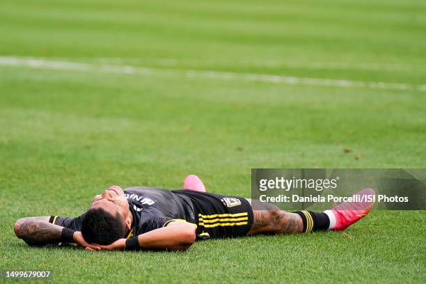 Cucho Hernández of Columbus Crew looks dejected and disappointed after a missed chance during a game between Columbus Crew and New York City FC at...