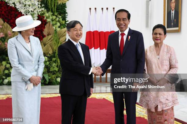 Emperor Naruhito and Empress Masako pose with Indonesian President Joko Widodo and his wife Iriana at Bogor Palace on June 19, 2023 in Bogor,...