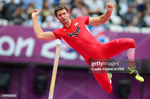 Brad Walker competes in the men's pole vault qualifications at the athletics event of the London 2012 Olympic Games on August 8, 2012 in London. AFP...