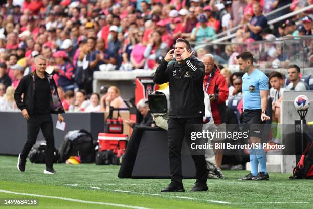 Greg Vanney Head Coach of LA Galaxy gives instructions to his players during a game between Los Angeles Galaxy and St. Louis City SC at CITYPARK on...