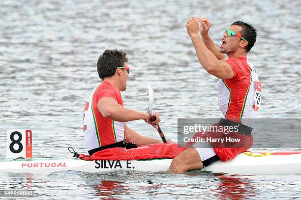 Emanuel Silva and Fernando Pimenta of Portugal celebrate winning Silver during the Men's Kayak Double 1000m Canoe Sprint Finals on Day 12 of the...