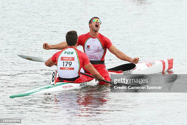 Emanuel Silva and Fernando Pimenta of Portugal celebrate winning Silver during the Men's Kayak Double 1000m Canoe Sprint Finals on Day 12 of the...