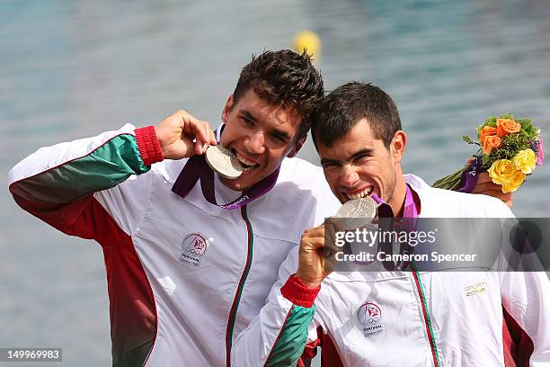 Emanuel Silva and Fernando Pimenta of Portugal celebrate winning Silver after the Men's Kayak Double 1000m Canoe Sprint Finals on Day 12 of the...