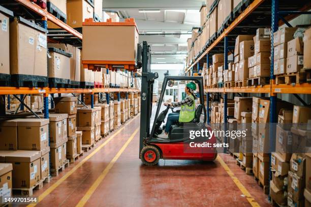 efficient warehouse logistics: young woman forklift driver moving boxes onto truck at loading dock in a factory warehouse - lagerlokal bildbanksfoton och bilder