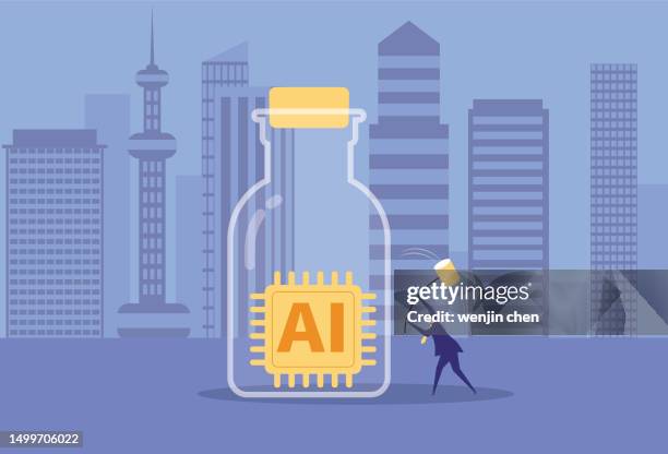 business man smashing bottle with artificial intelligence - champagne cork stock illustrations